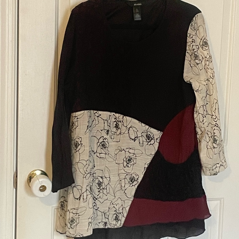 Ali Miles Black and Cream Long Sleeve Top Boho Print XL